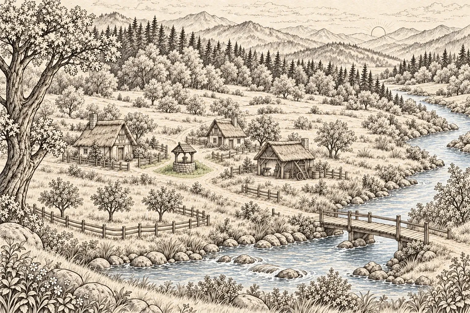 The beginning of Olibrook: an ink-and-watercolor illustration of a riverside settlement, well, and wooden bridge.