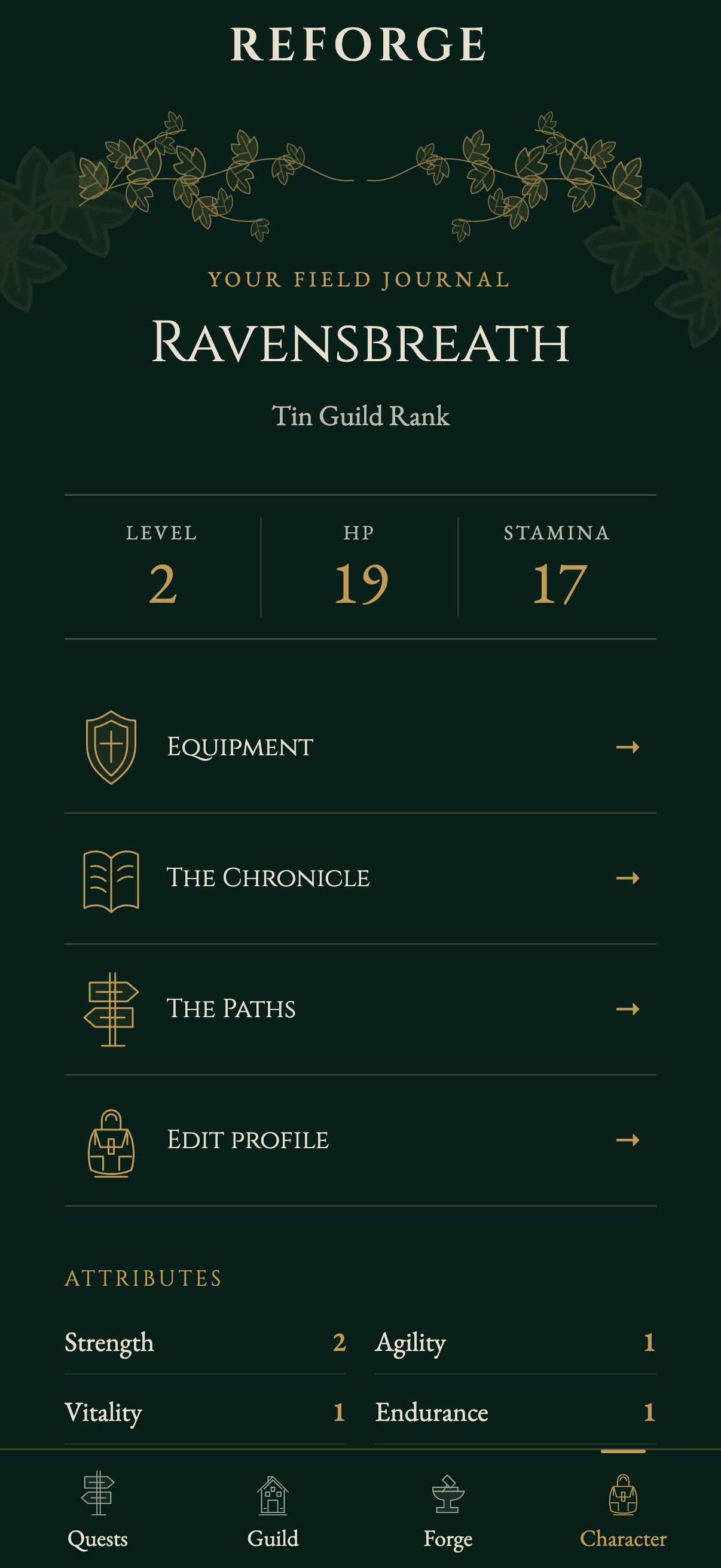Reforge character sheet showing a traveler’s level, character attributes, and equipment and paths links.