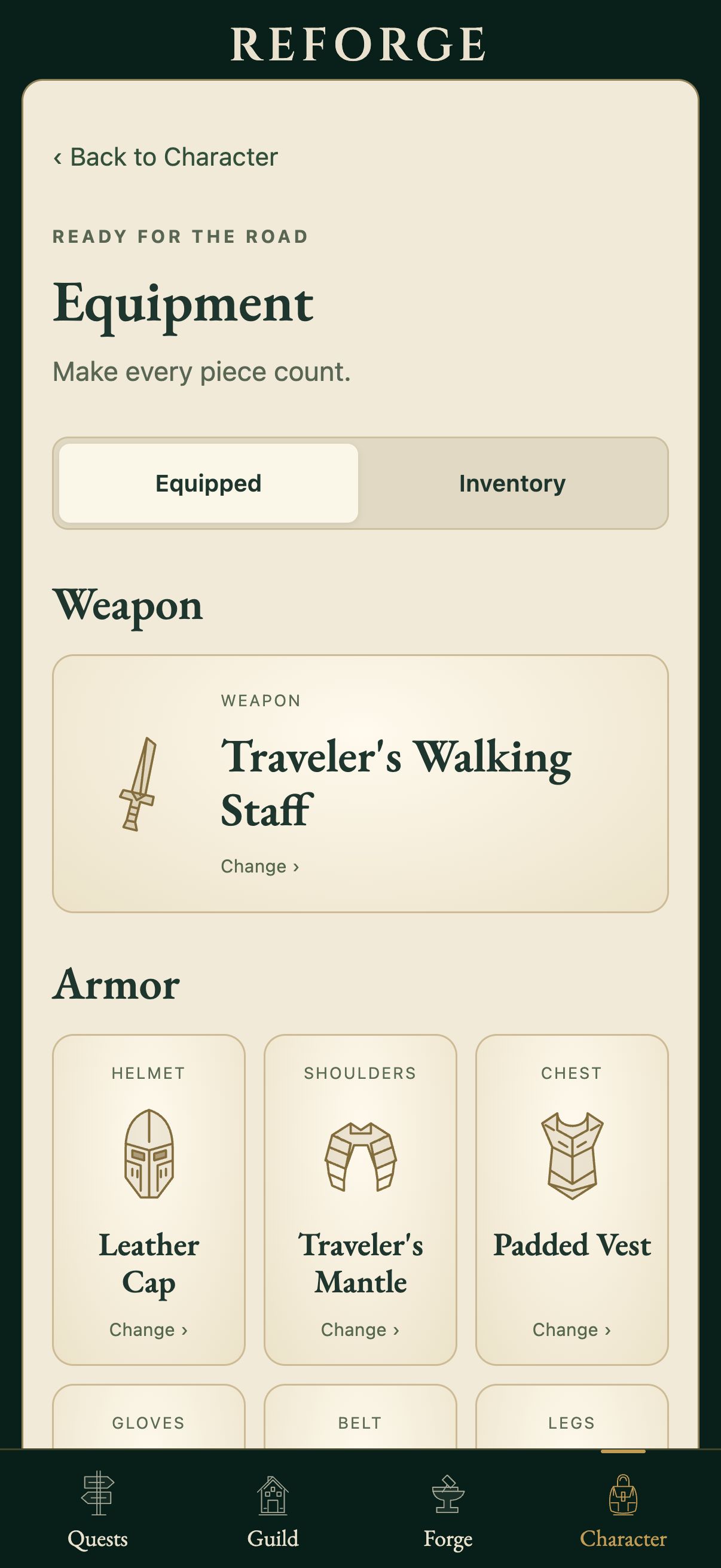 The Equipment page with a walking staff and armor equipped in a demo character’s journal.