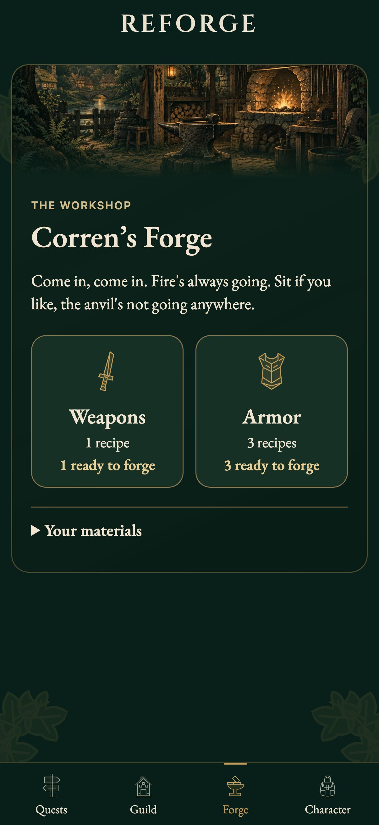 Corren’s Forge with its illustrated workshop and Weapons and Armor crafting categories.