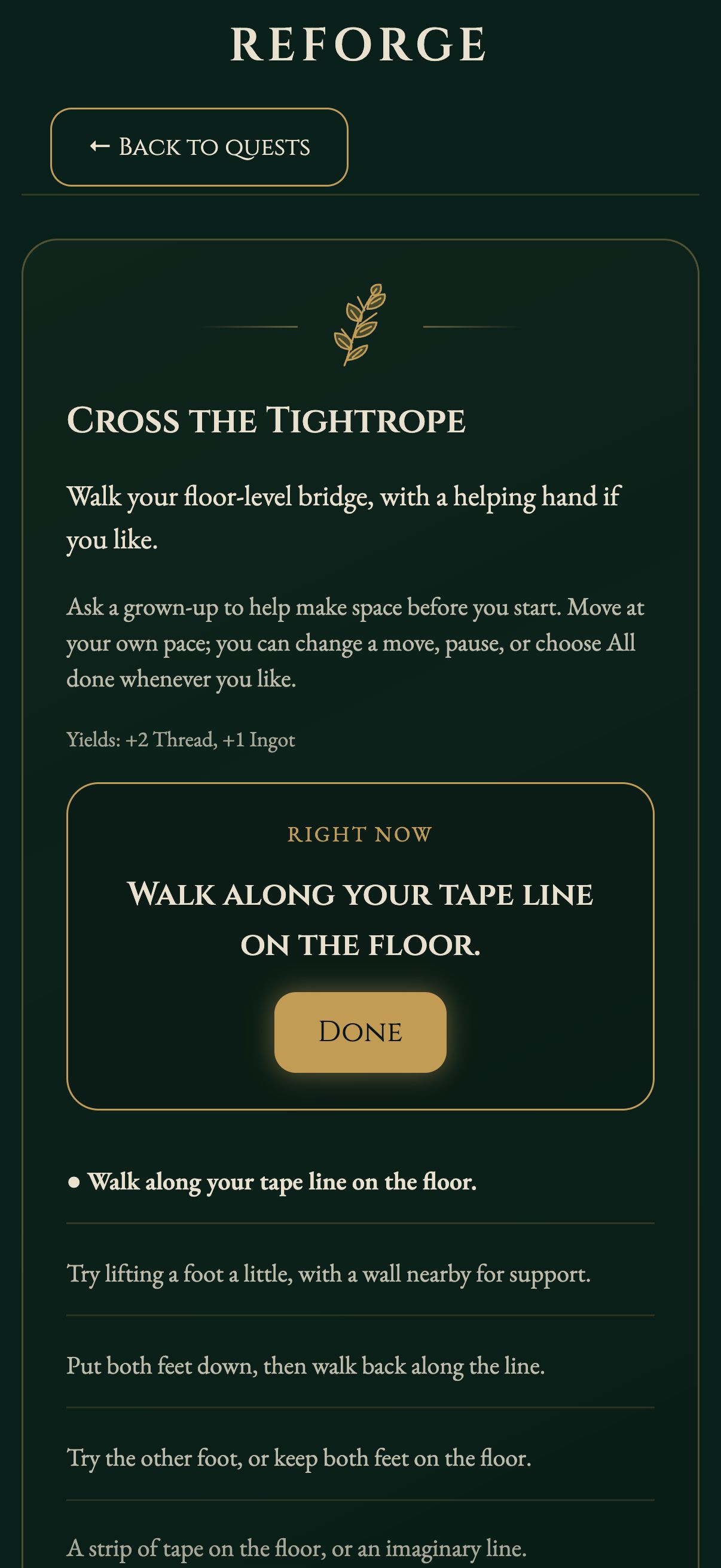Kid Mode showing one clear movement action in a fantasy quest.