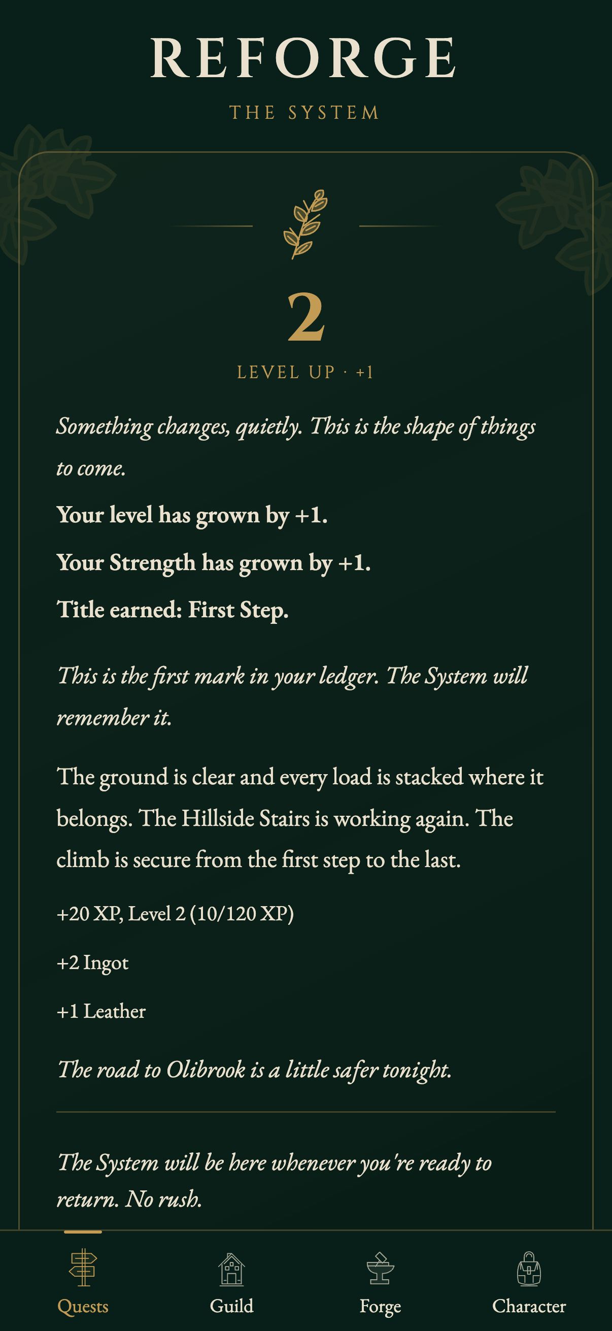 A level-up celebration shows Level 2, increased Strength, and XP earned from completing a quest.