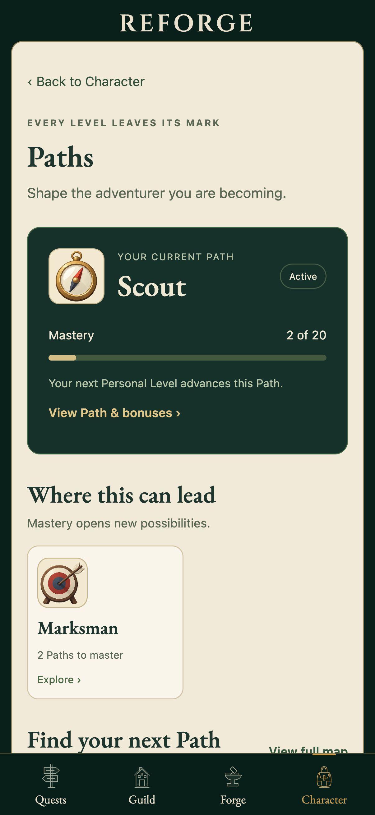 The Paths page showing Scout mastery and Marksman as a future calling.