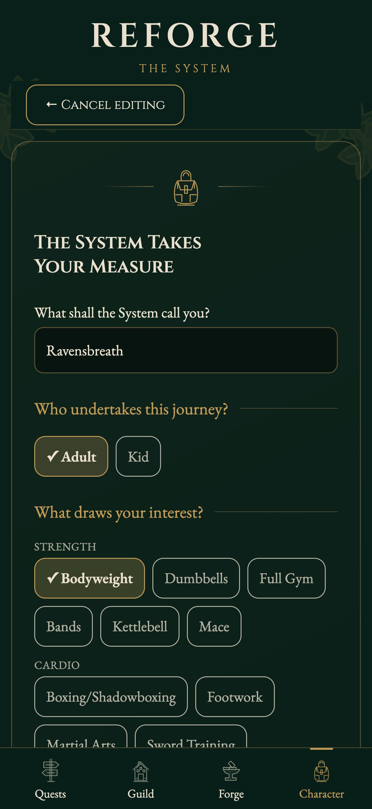 The Movement Profile with selectable workout categories, including strength and cardio styles.