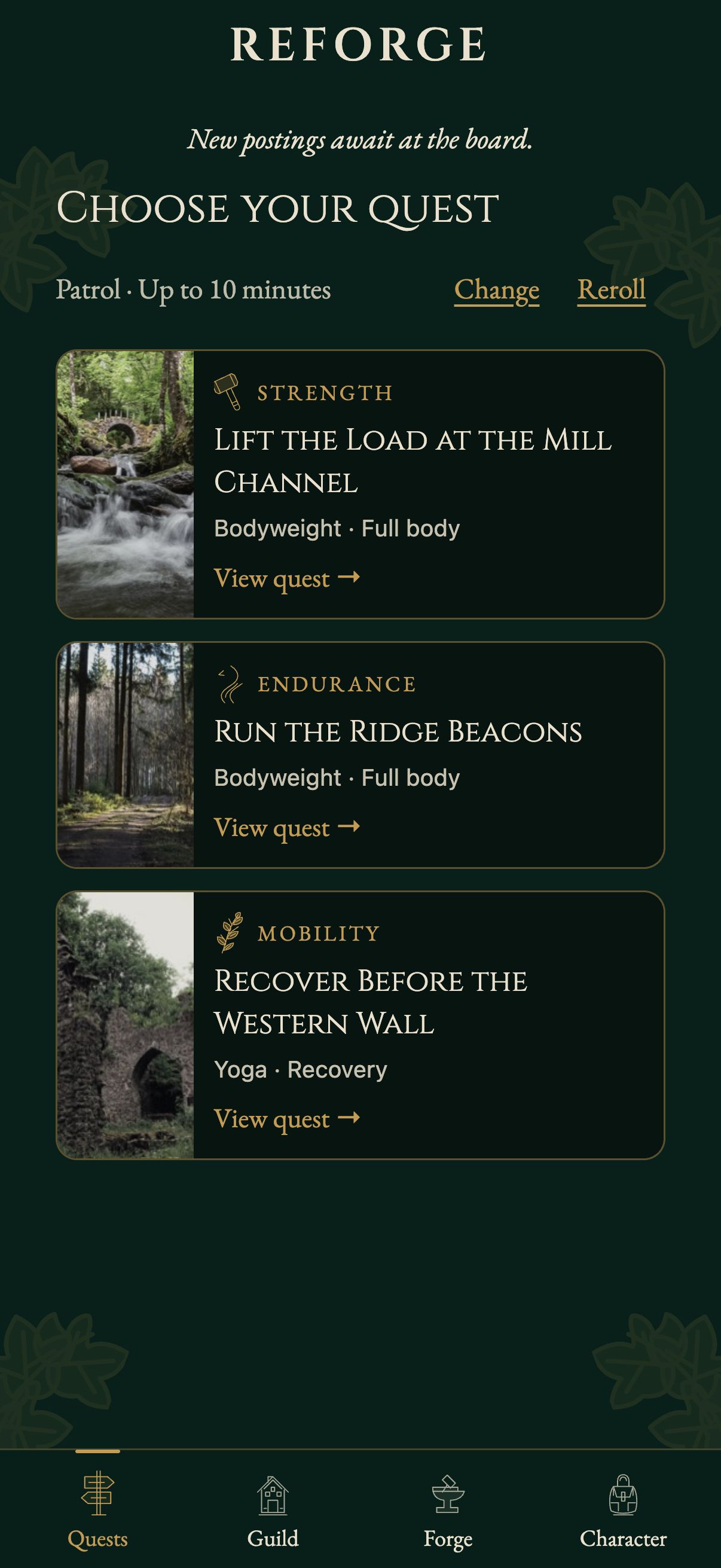 Reforge quest board with Strength, Endurance, and Mobility quests for a short Patrol.