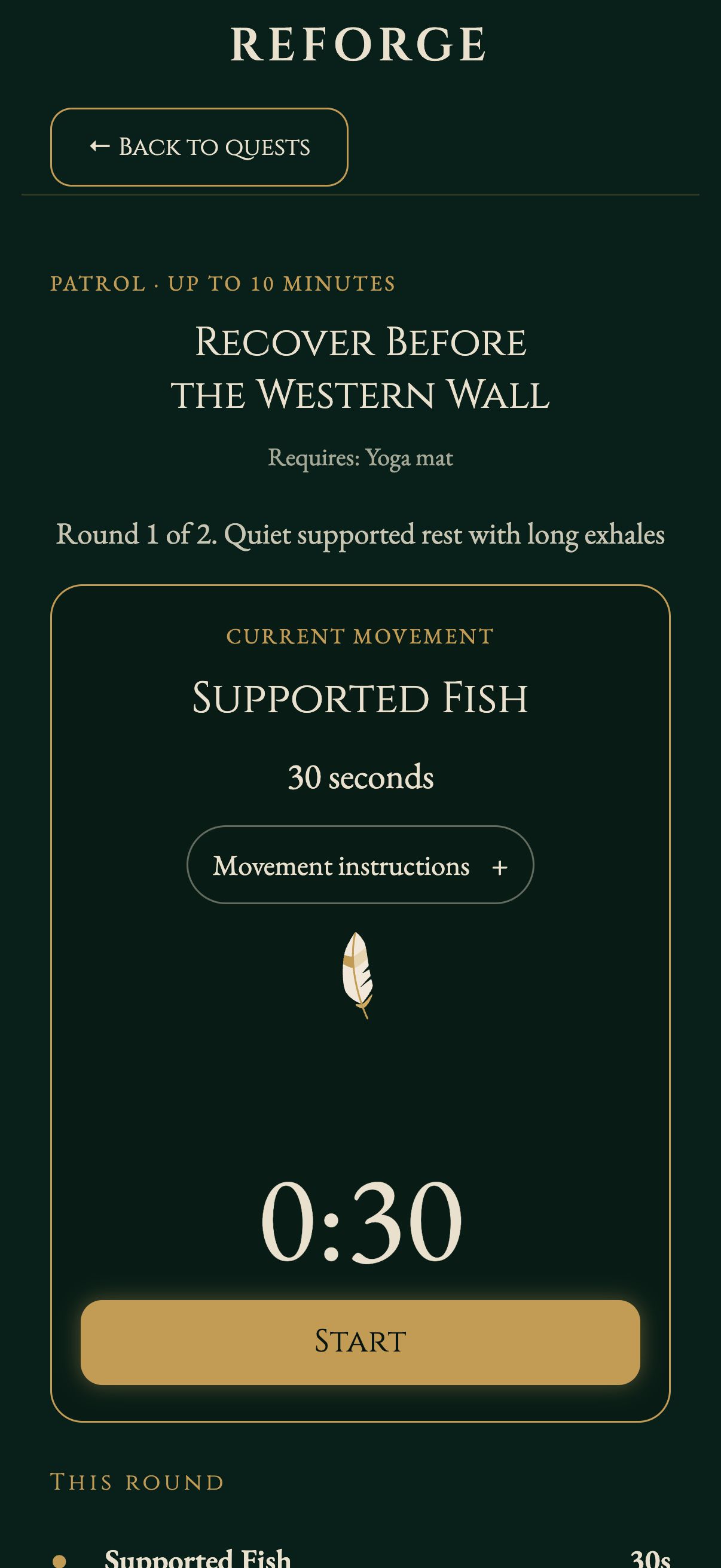 A guided workout with the falling feather timer, movement instructions, and a Start control.